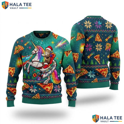 Unicorn Santa Pizza Rainbow Ugly Xmas Sweater Funny Christmas Graphic