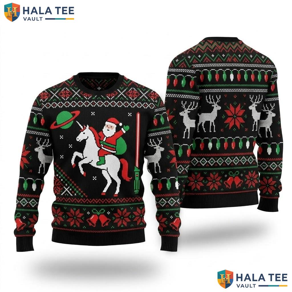 Unicorn Santa Snowflake Christmas Sweater Funny Mens Xmas Graphic Outfit