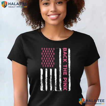 US Flag Awareness Mens T-Shirt Breast Cancer Back Pink Women Kids