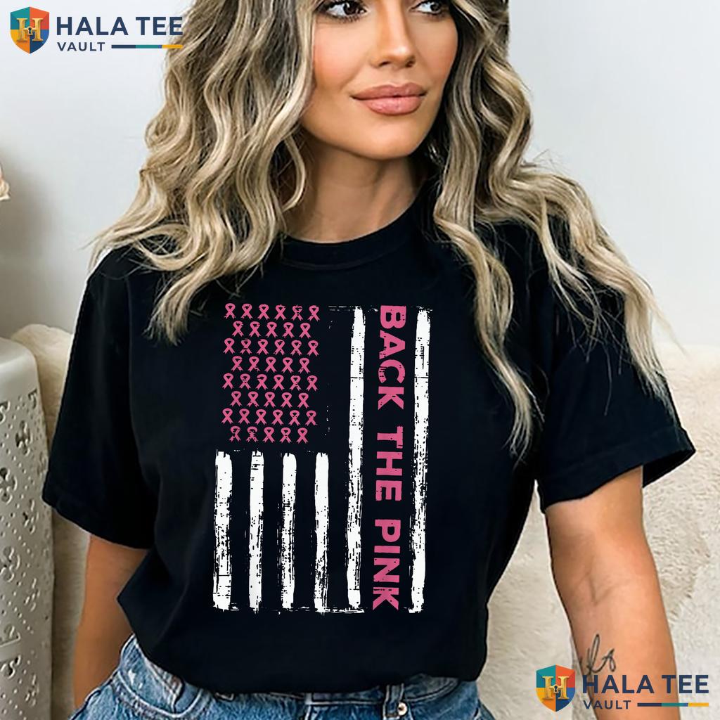 US Flag Awareness Mens T-Shirt Breast Cancer Back Pink Women Kids Adult