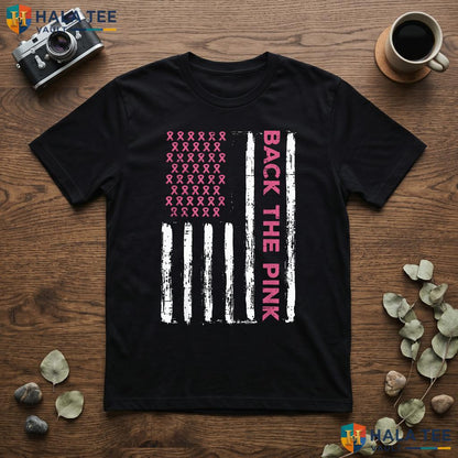 US Flag Awareness Mens T-Shirt Breast Cancer Back Pink Women Kids Adult