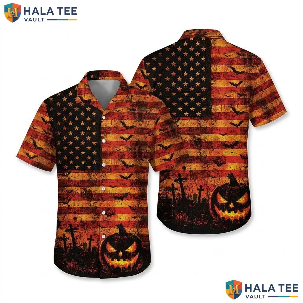 US Flag Pumpkin Halloween Hawaiian Shirt Spooky Cemetery Aloha Top