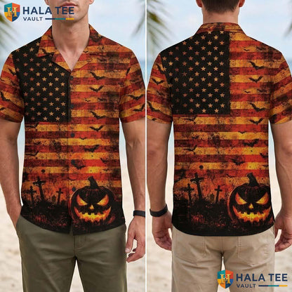 US Flag Pumpkin Halloween Hawaiian Shirt Spooky Cemetery Aloha Top Adult