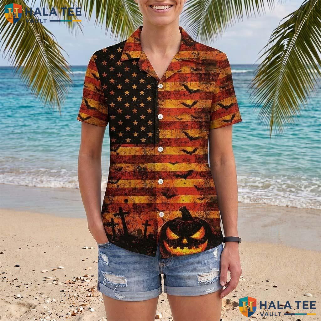 US Flag Pumpkin Halloween Hawaiian Shirt Spooky Cemetery Aloha Top Adult