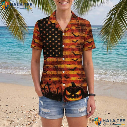 US Flag Pumpkin Halloween Hawaiian Shirt Spooky Cemetery Aloha Top Adult