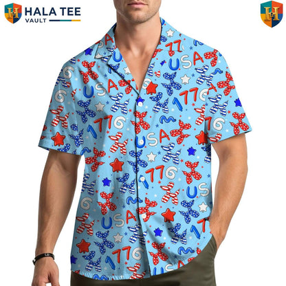 USA Balloon Dog Short-sleeve button-up shirt Mens Funny Patriotic Party Festival Apparel Top