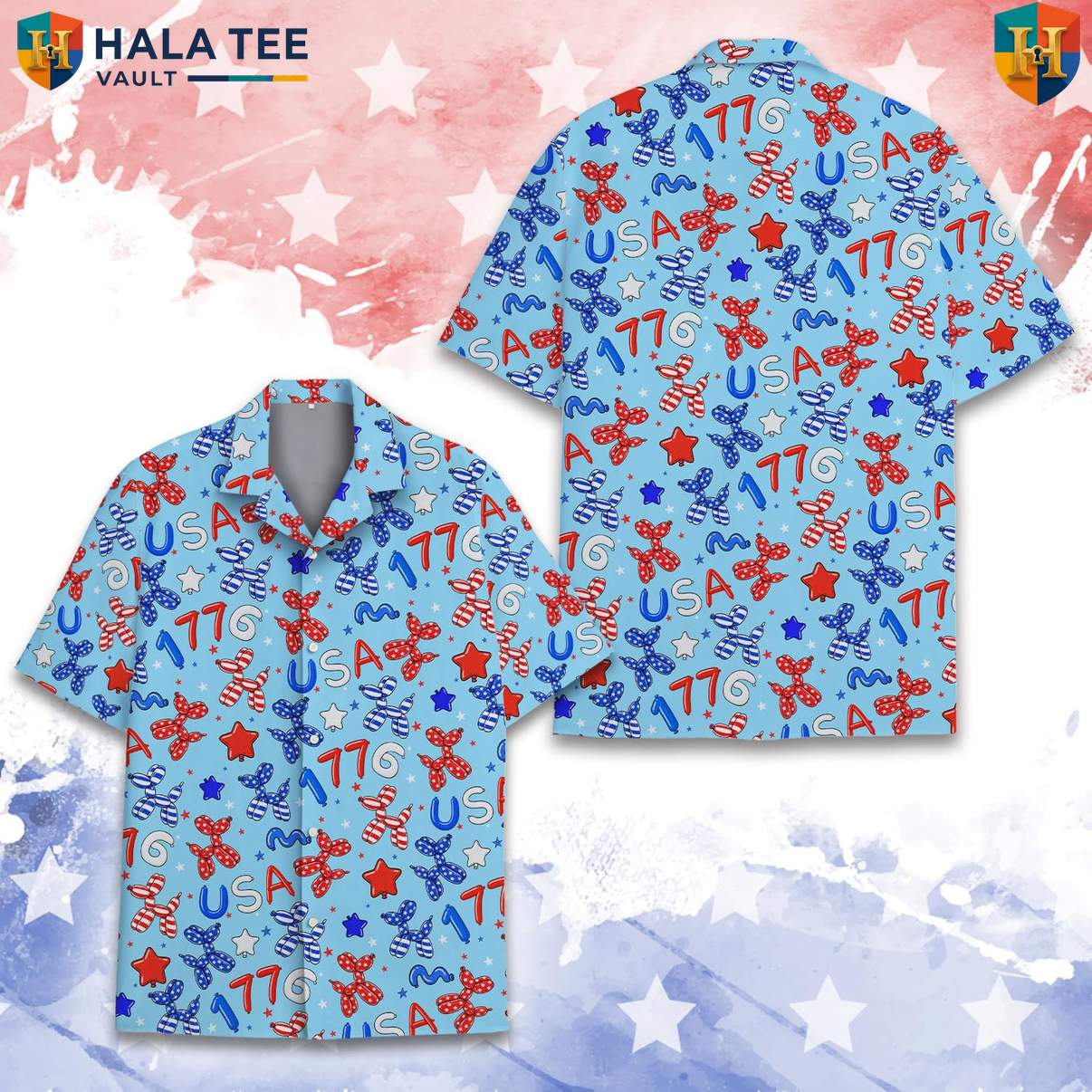 USA Balloon Dog Short-sleeve button-up shirt Mens Funny Patriotic Party Festival Apparel Top