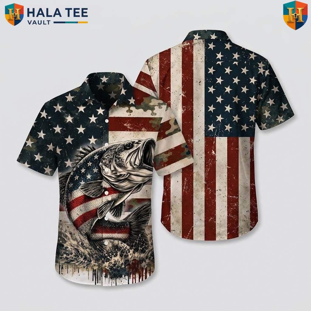 USA Flag Fishing Aloha Shirt Mens Patriotic Fourth Of July Beachwear Top