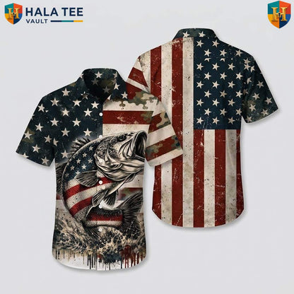 USA Flag Fishing Aloha Shirt Mens Patriotic Fourth Of July Beachwear Top