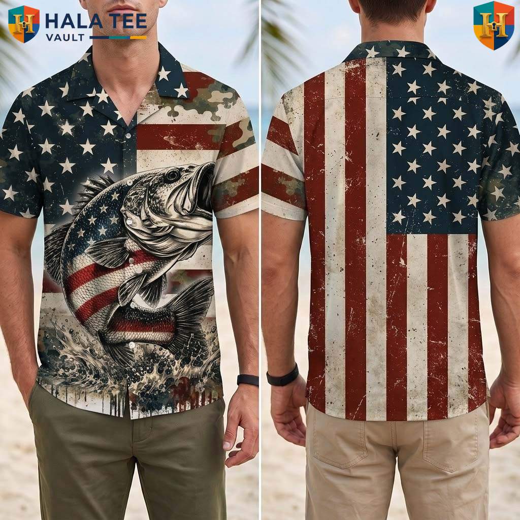 USA Flag Fishing Aloha T-Shirt Mens Patriotic Fourth Of July Beachwear Top