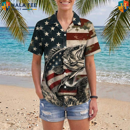 USA Flag Fishing Aloha TShirt Mens Patriotic Fourth Of July Beachwear Top