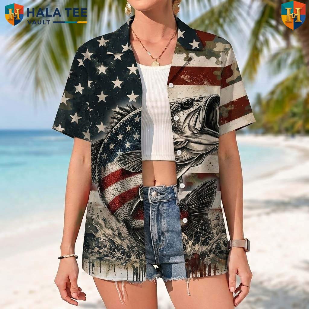 USA Flag Fishing Aloha Tee Mens Patriotic Fourth Of July Beachwear Top