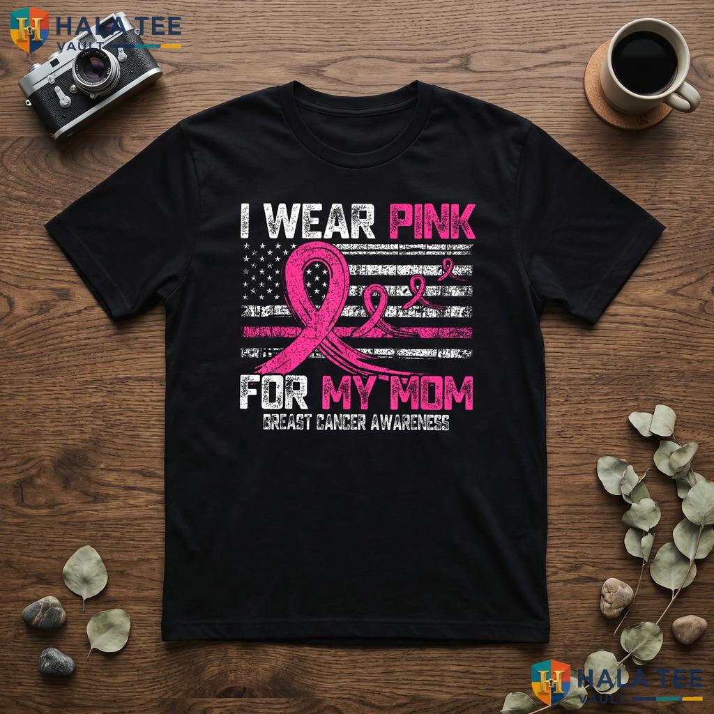 USA Flag Wear Pink Mom TShirt Breast Cancer Awareness Graphic Outfit Adult