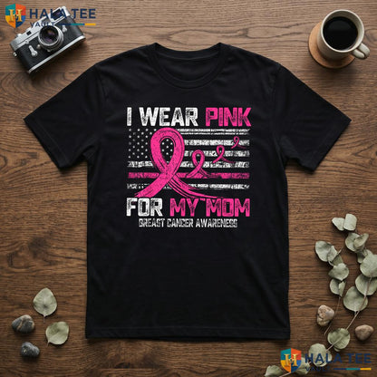 USA Flag Wear Pink Mom TShirt Breast Cancer Awareness Graphic Outfit Adult