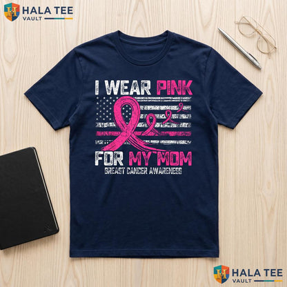 USA Flag Wear Pink Mom TShirt Breast Cancer Awareness Graphic Outfit Adult