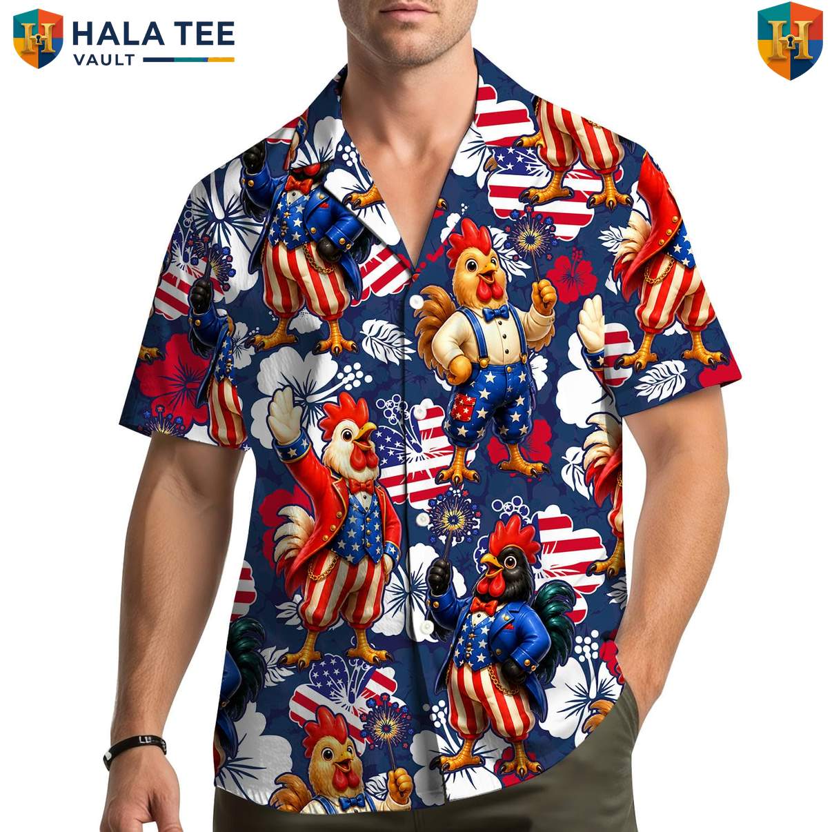 USA Patriotic Rooster Hawaiian Shirt Mens Farm Country Weekend Camp Outfit Top