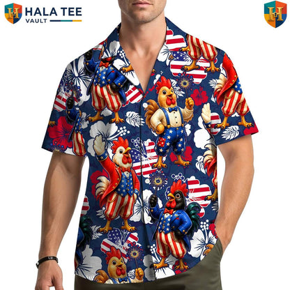 USA Patriotic Rooster Hawaiian Shirt Mens Farm Country Weekend Camp Outfit Top