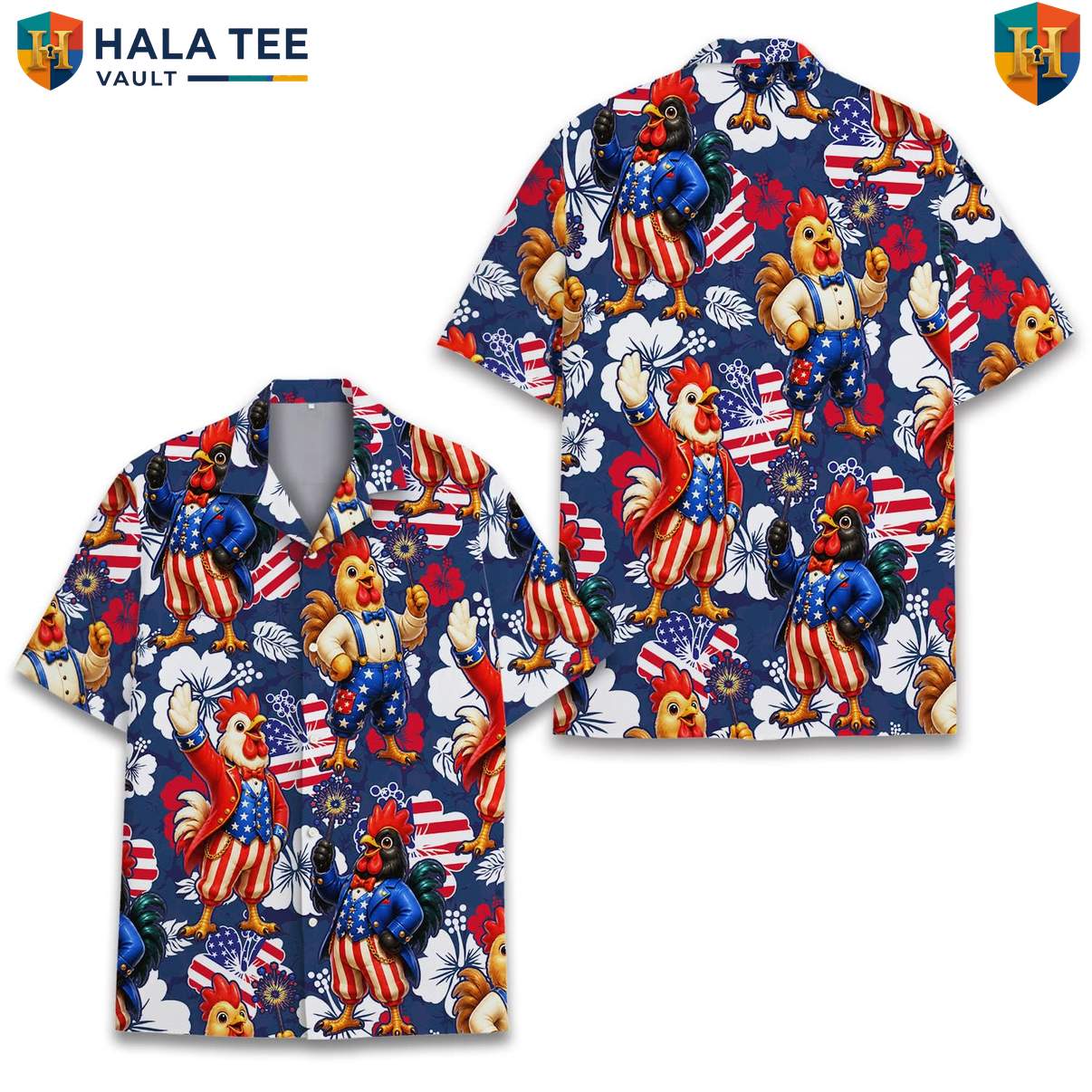 USA Patriotic Rooster Tropical Shirt Mens Farm Country Weekend Camp Outfit Top