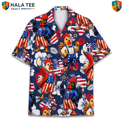 USA Patriotic Rooster Aloha Shirt Mens Farm Country Weekend Camp Outfit Top
