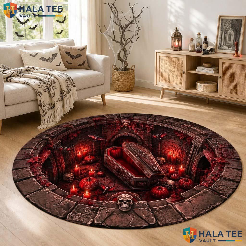 Vampire Coffin Halloween Round Area Rug 3D Gothic Crypt Dungeon Mat