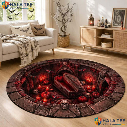 Vampire Coffin Halloween Round Area Rug 3D Gothic Crypt Dungeon Mat