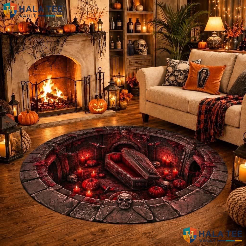 Vampire Coffin Halloween Round Area Rug 3D Gothic Crypt Dungeon Mat Adult