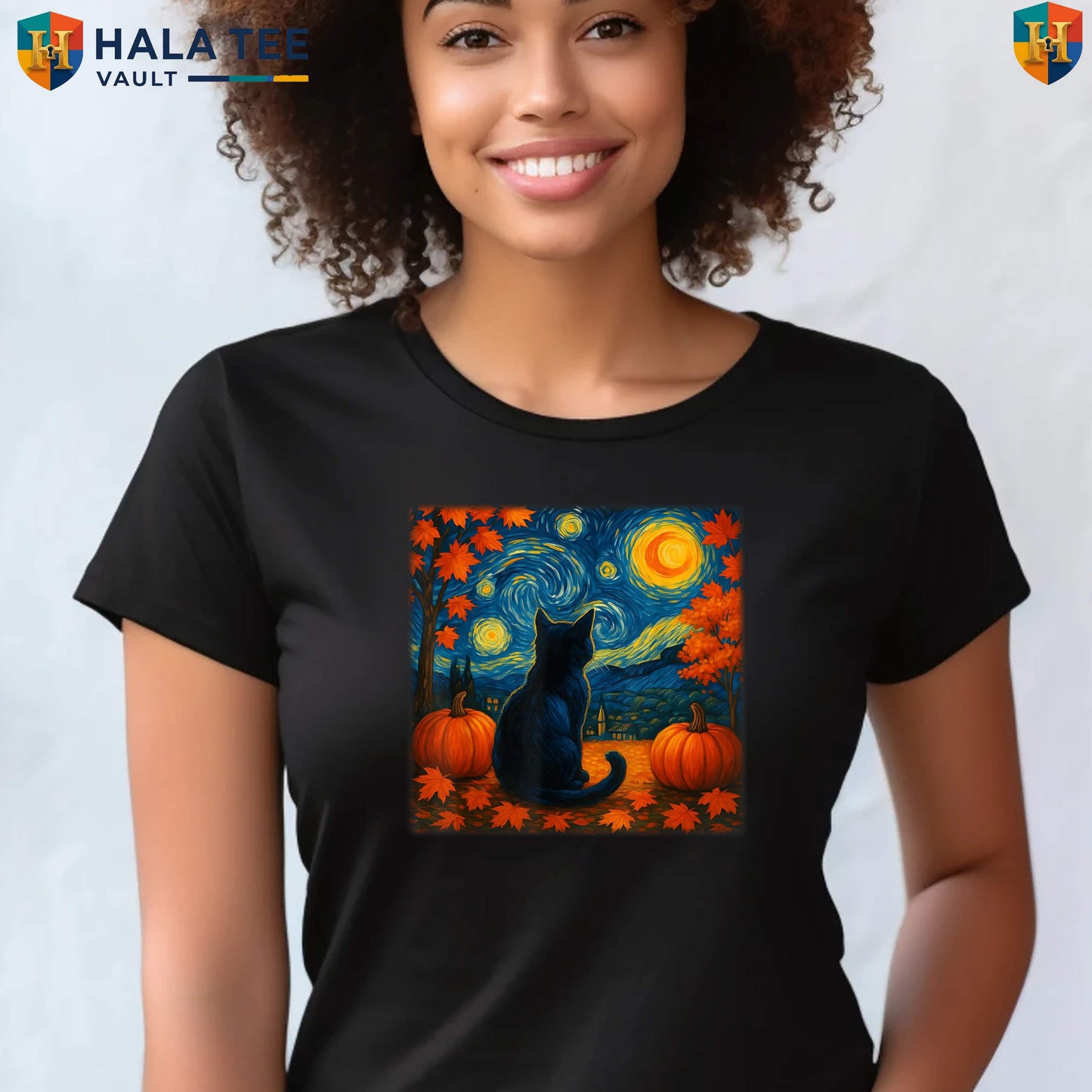 Van Gogh Cat Fall T-Shirt Starry Night Thanksgiving Autumn Pet Lover Art Apparel