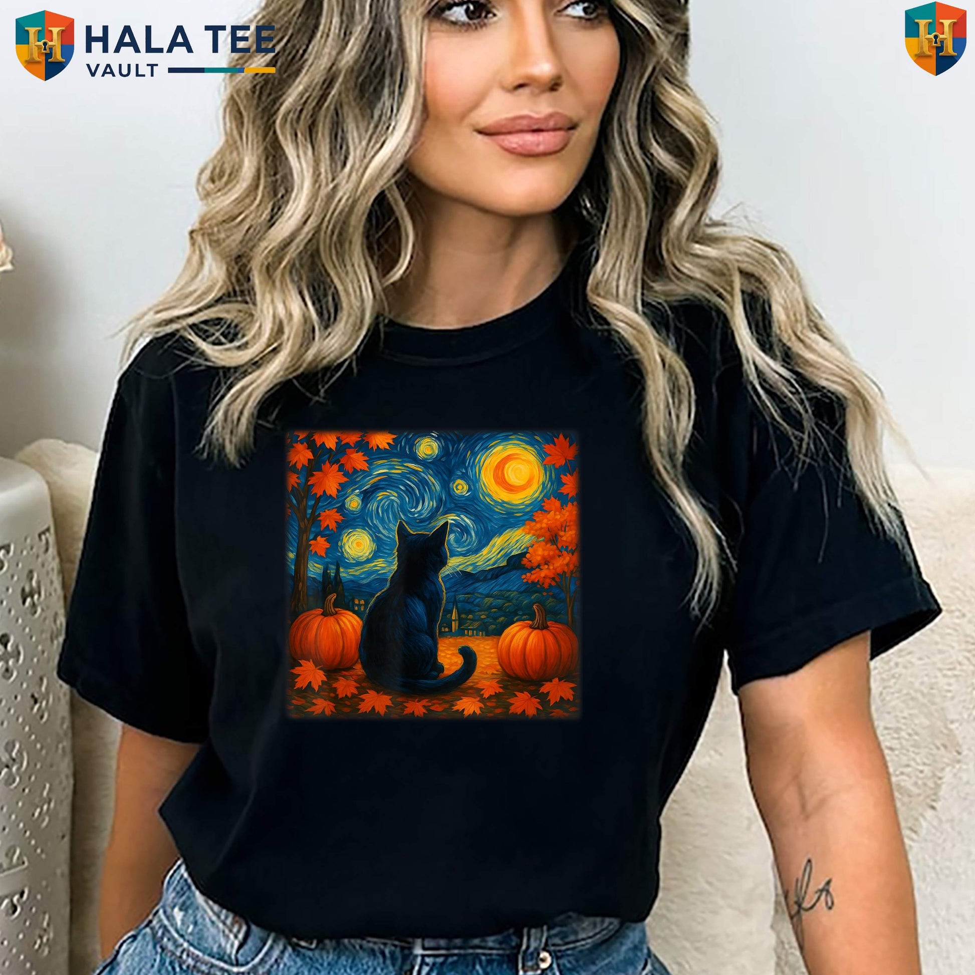 Van Gogh Cat Fall TShirt Starry Night Thanksgiving Autumn Pet Lover Art Apparel