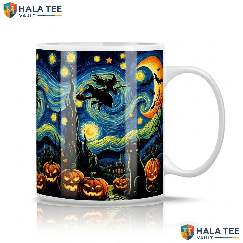 Van Gogh Starry Night Witch Ceramic Mug Black Cat Pumpkin Halloween Cup