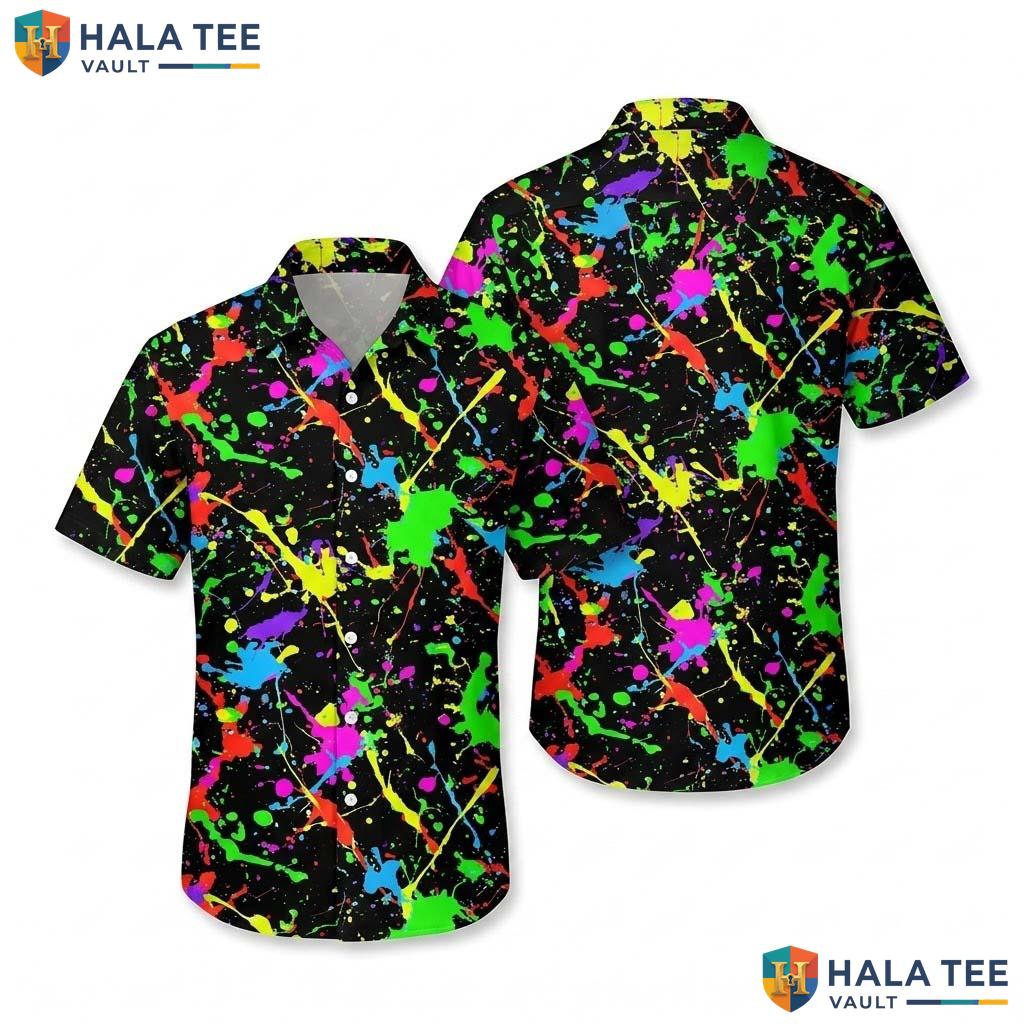 Vibrant Abstract Aloha Shirt Color Splash Print Funky Short Sleeve Button Up
