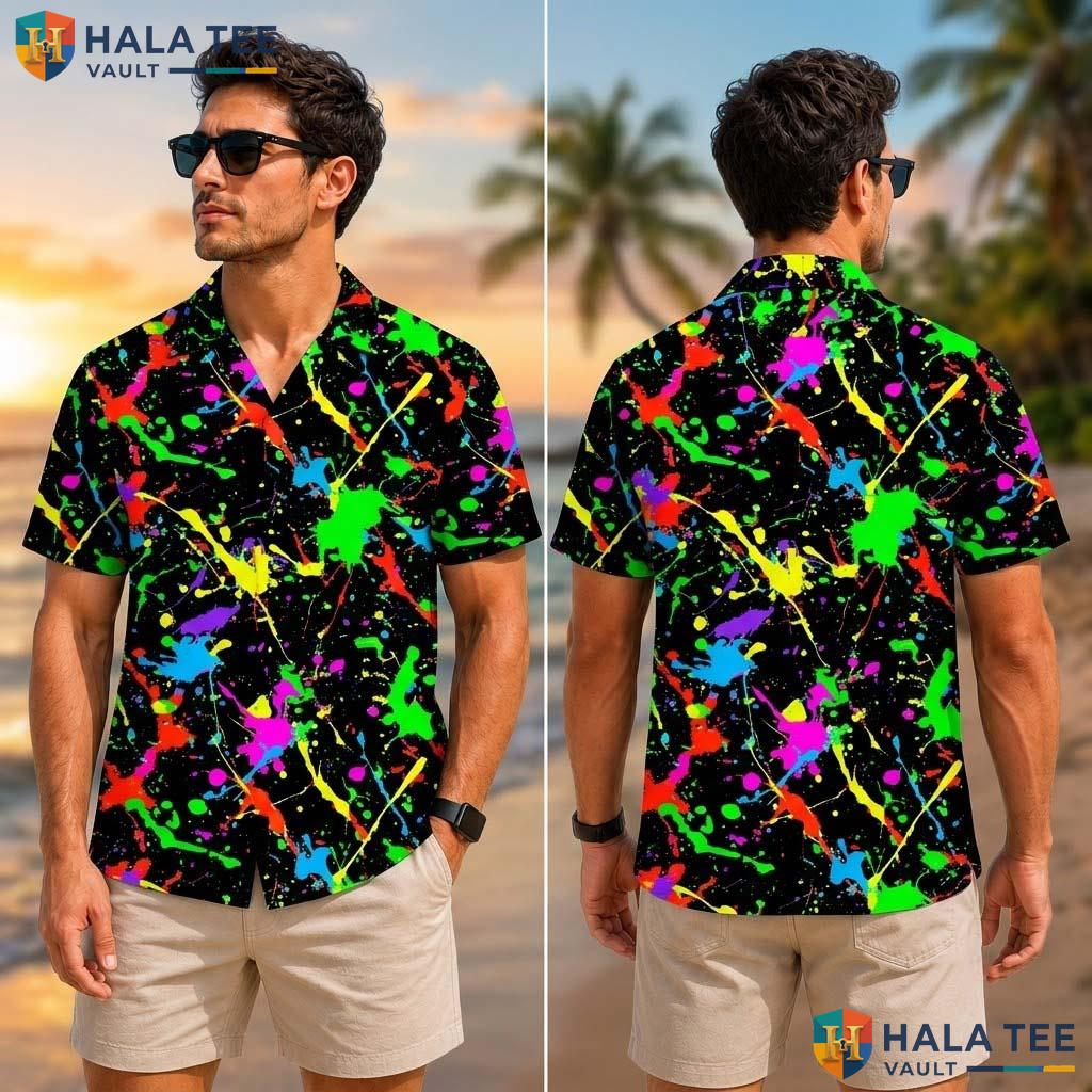 Vibrant Abstract Tropical Shirt Color Splash Print Funky Short Sleeve Button Up