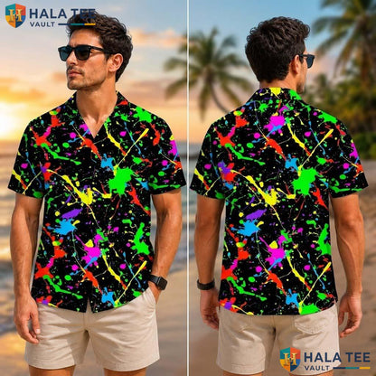 Vibrant Abstract Tropical Shirt Color Splash Print Funky Short Sleeve Button Up