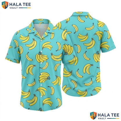 Vibrant Banana Print Hawaiian Shirt Fun Yellow Light Blue Background Apparel