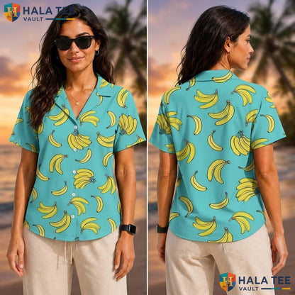Vibrant Banana Print Tropical Shirt Fun Yellow Light Blue Background Apparel