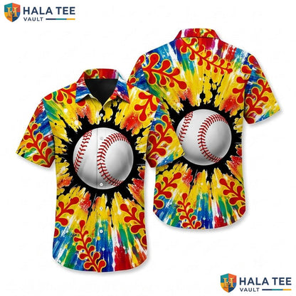 Vibrant Baseball Lover Hawaiian Shirt Tie Dye Tropical Surf Button Down