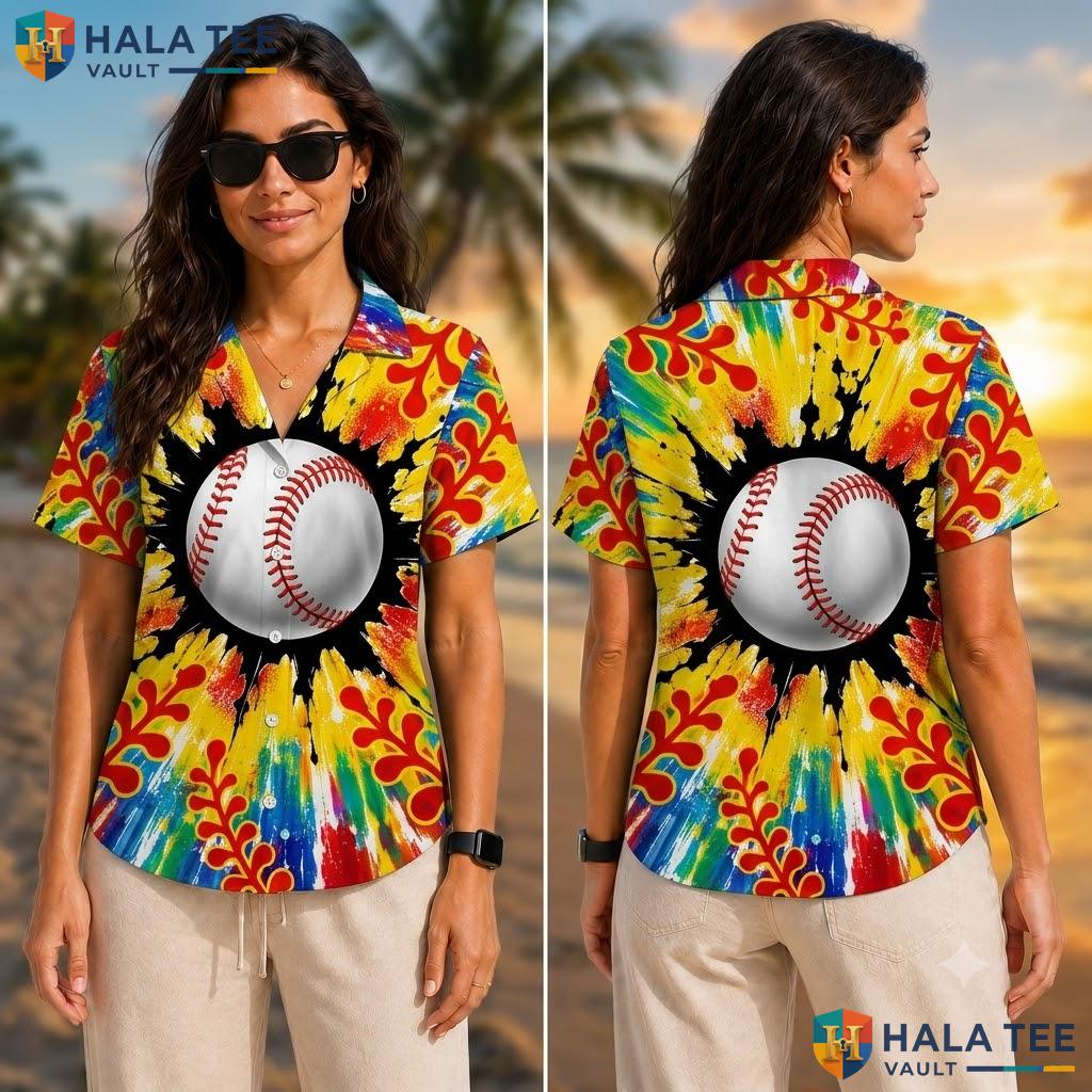 Vibrant Baseball Lover Hawaiian Shirt Tie Dye Tropical Surf Button Down Adult