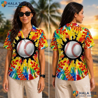 Vibrant Baseball Lover Hawaiian Shirt Tie Dye Tropical Surf Button Down Adult