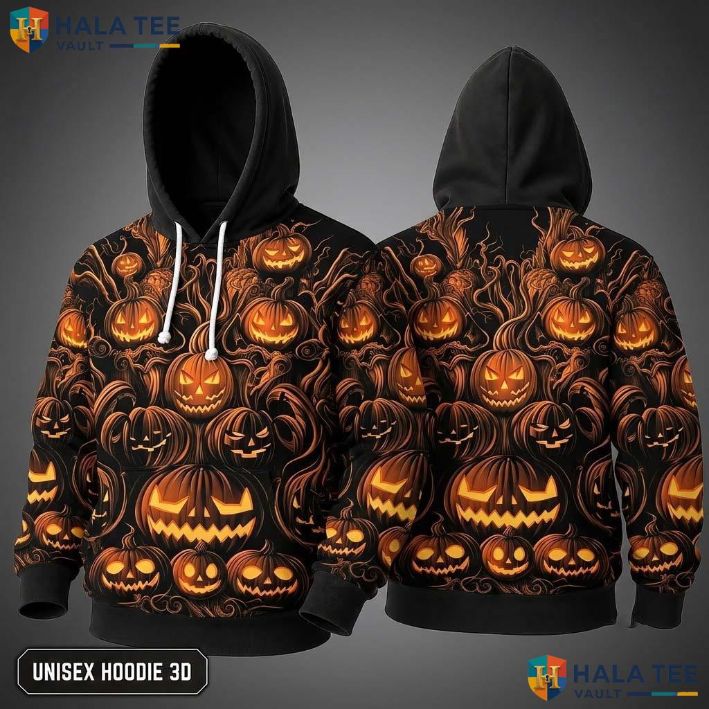 Vibrant Carved Pumpkin Graphic 3D Hoodie Spooky Halloween Fashion Wear