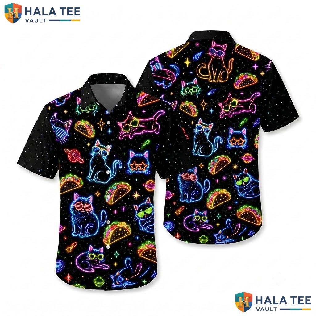 Vibrant Cat Taco Hawaiian Shirt Neon Playful Design Short Sleeve Apparel
