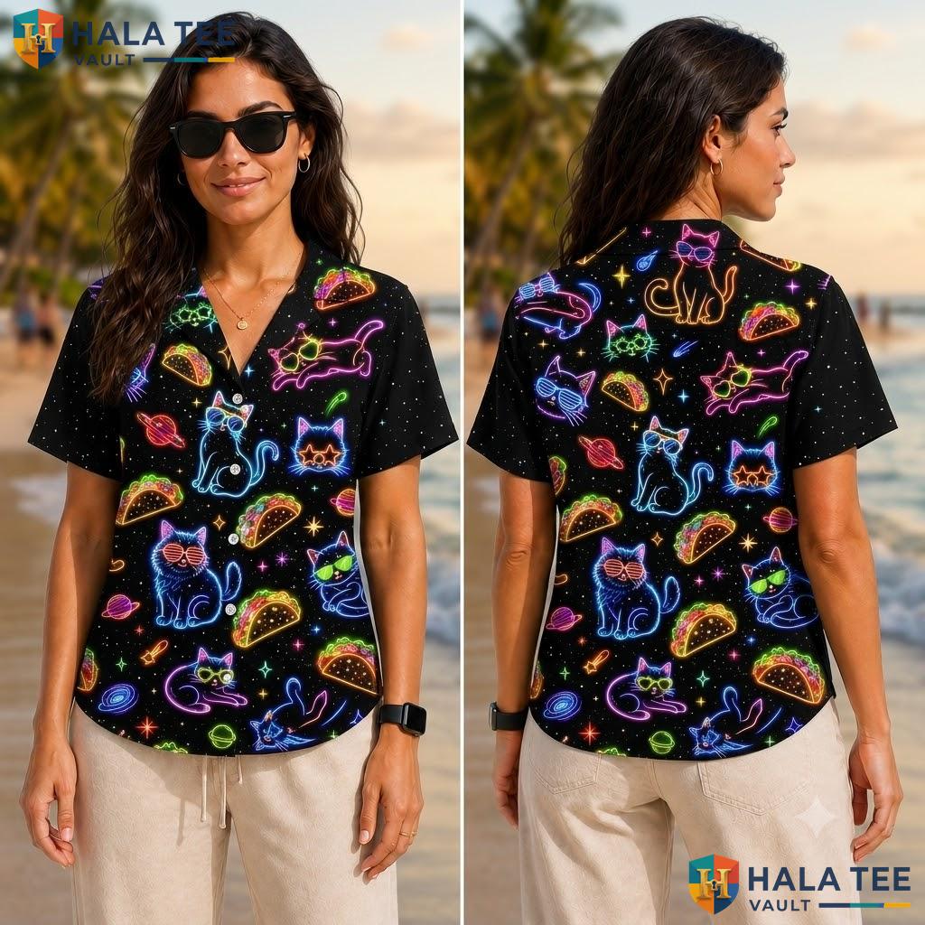 Vibrant Cat Taco Hawaiian Shirt Neon Playful Design Short Sleeve Apparel Adult