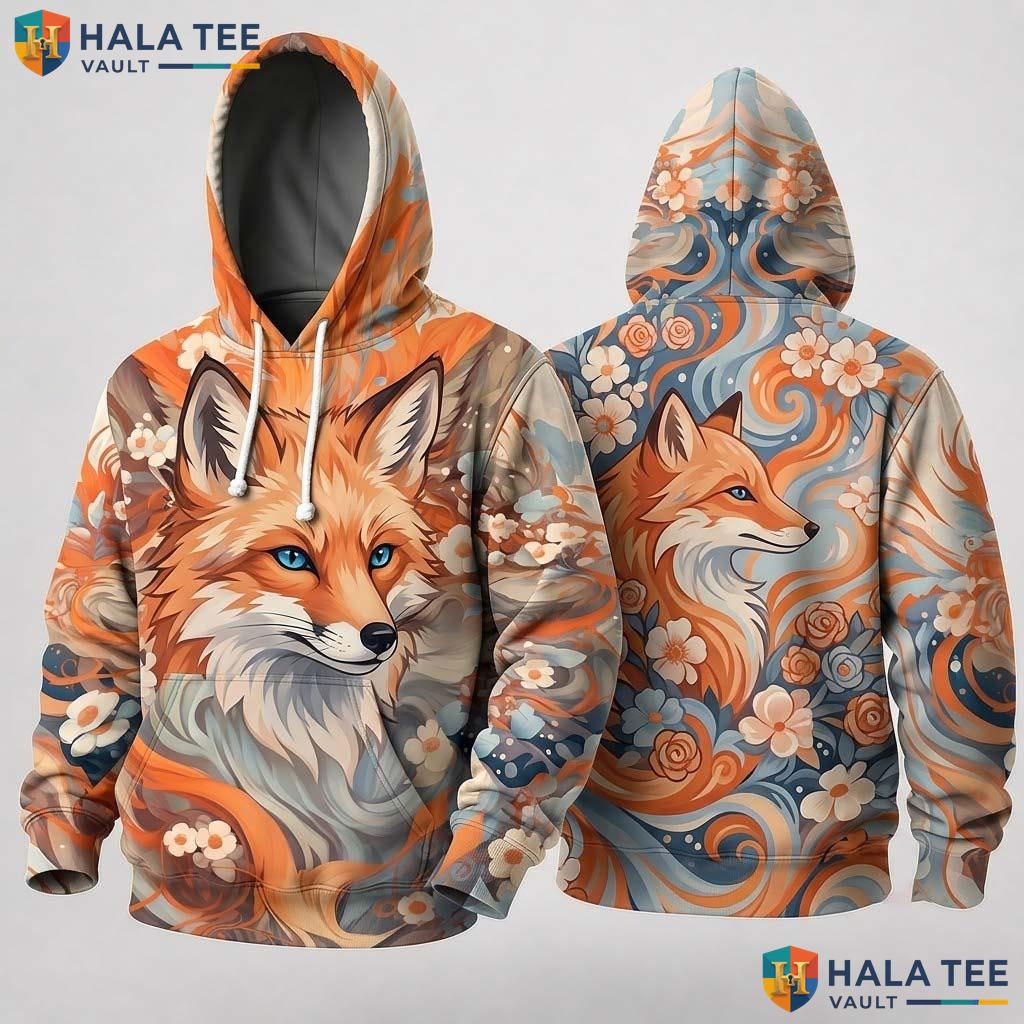 Vibrant Cherry Blossom Fox 3D Hoodie Vintage Artistic Graphic Apparel