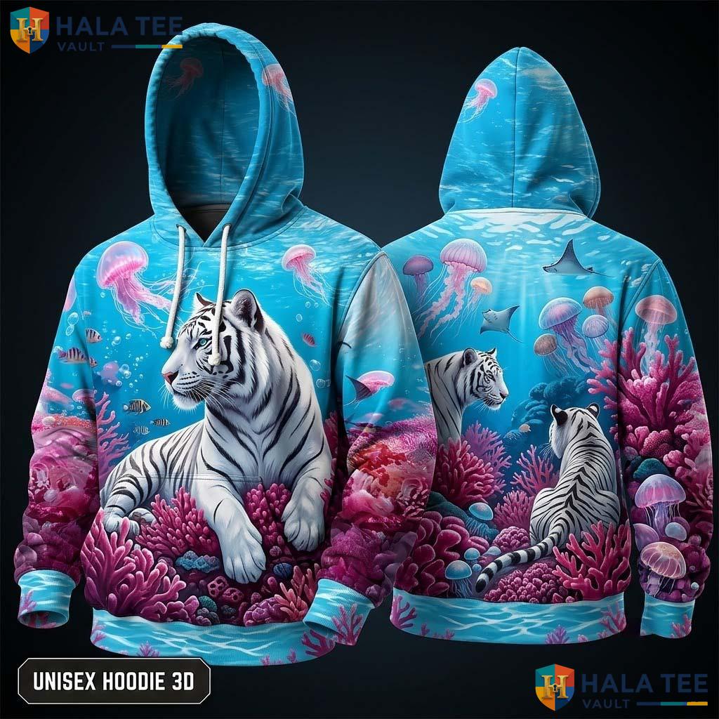 Vibrant Coral Reef Tiger 3D Hoodie Vintage Underwater Graphic Apparel