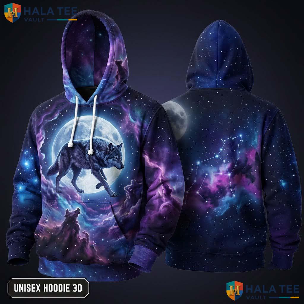 Vibrant Cosmic Three Wolf 3D Hoodie Mystical Galaxy Graphic Apparel