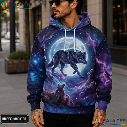 Vibrant Cosmic Three Wolf 3D Printed Hoodie Mystical Galaxy Graphic Apparel