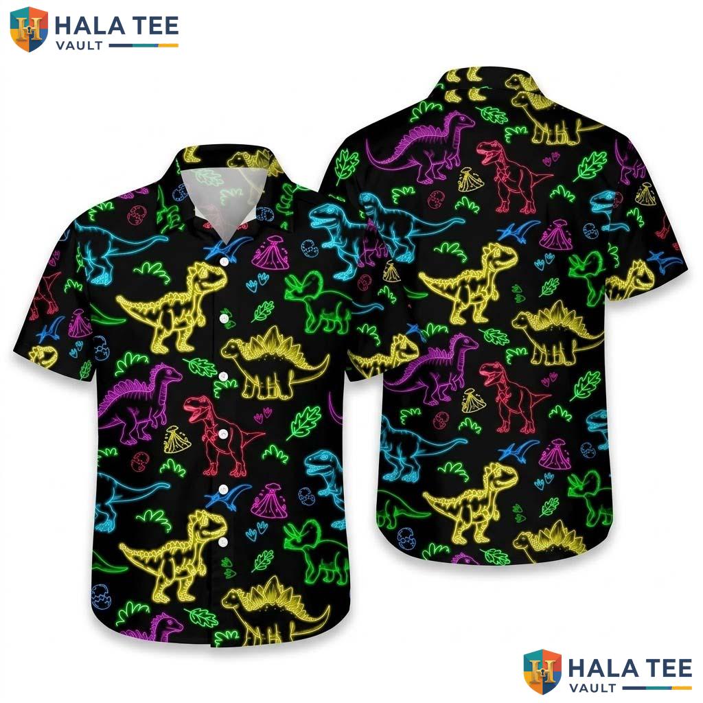Vibrant Dinosaur Aloha Shirt Colorful Neon T Rex Graphic Button Down Apparel