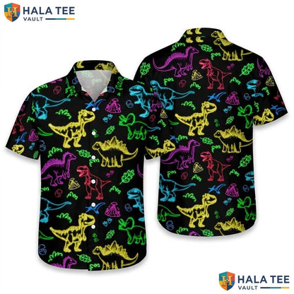 Vibrant Dinosaur Aloha Shirt Colorful Neon T Rex Graphic Button Down Apparel
