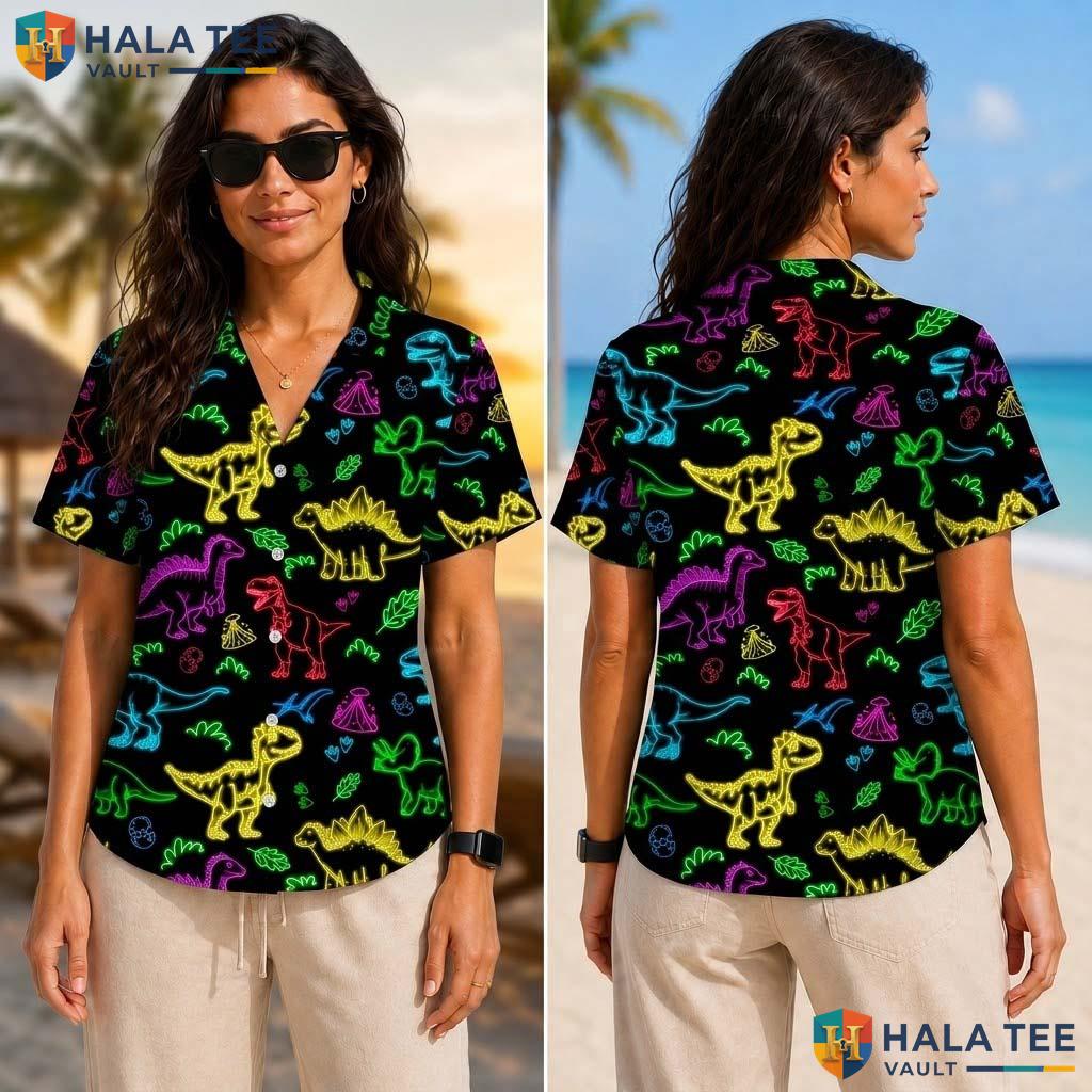 Vibrant Dinosaur Tropical Shirt Colorful Neon T Rex Graphic Button Down Apparel