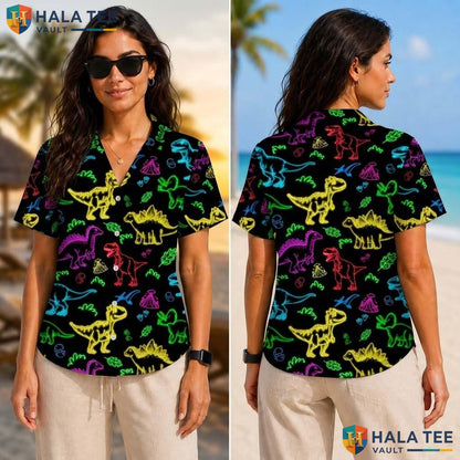 Vibrant Dinosaur Tropical Shirt Colorful Neon T Rex Graphic Button Down Apparel