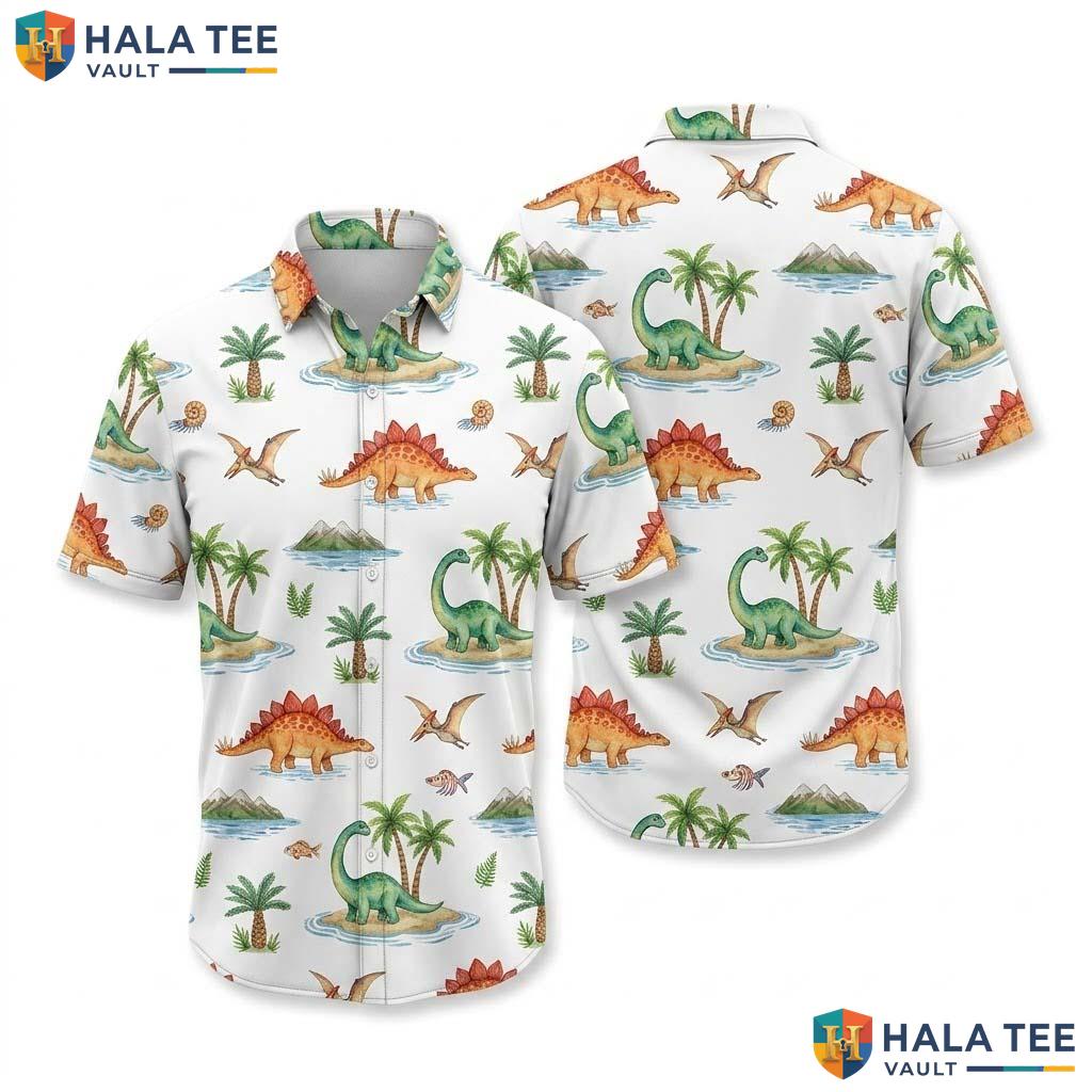 Vibrant Dinosaur Beach Hawaiian Shirt Colorful Tropical Print Kids Adult Top