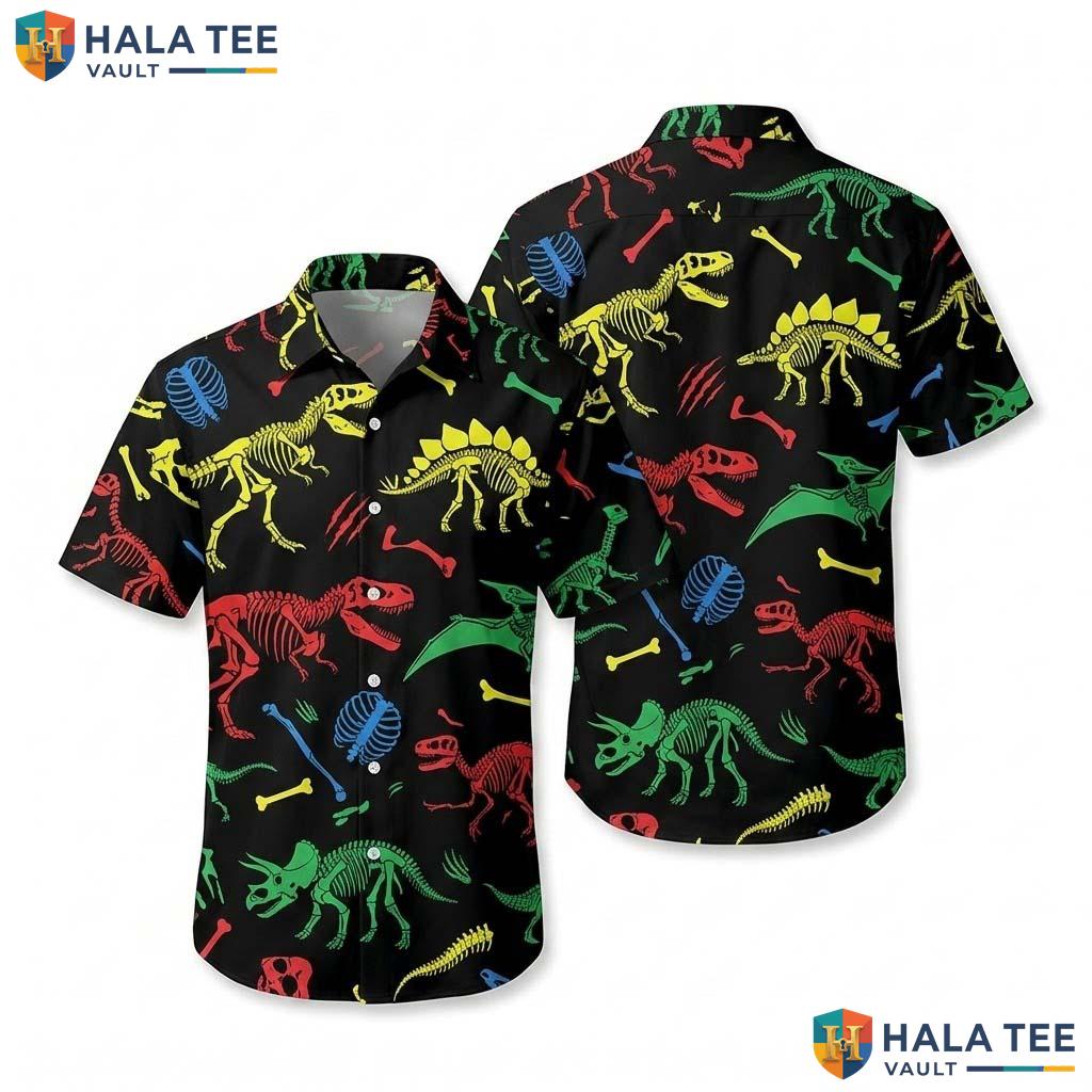 Vibrant Dinosaur Skeleton Hawaiian Shirt Colorful T Rex Stegosaurus Kids Top